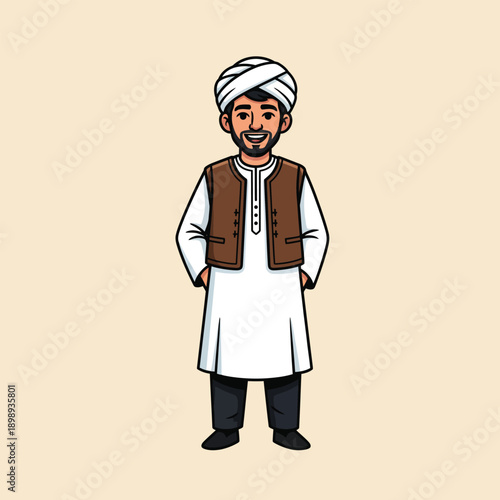 Smiling cartoon man with a beard wearing a white turban brown vest and traditional tunic.