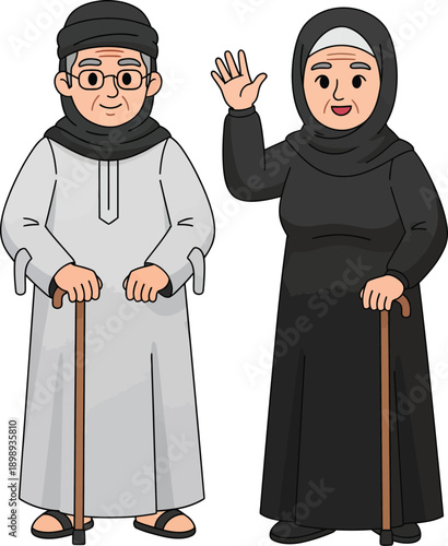 Smiling Elderly Muslim Couple in Traditional Islamic Clothing with Walking Canes.
