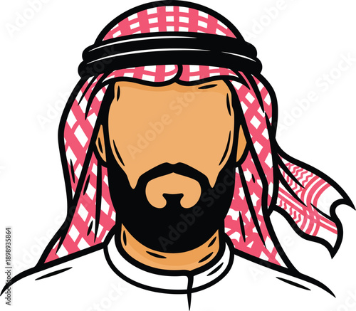Stylized illustration of a faceless bearded man wearing a red and white checkered shemagh and agal.
