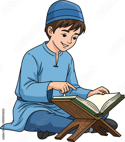 Young Muslim boy in blue traditional attire smiling while reading the Holy Quran from a wooden bookstand.