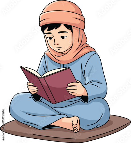 Young Muslim boy in a turban and blue robe sitting crosslegged while reading a book.