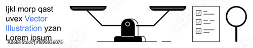 Decision making, business analysis, legal concepts, negotiation, data evaluation, financial planning. A balanced scale, document and magnifying glass. Business analysis and decision-making concept