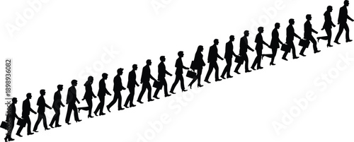 Diverse group of business people silhouettes walking in a line up a diagonal path carrying briefcases representing unity and journey