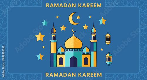 Ramadan Kareem greeting card featuring a mosque, crescent moon, and stars, perfect for Islamic celebrations and wishes of peace and blessings