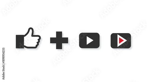 Generic web interface icons: thumbs up, plus sign, and play buttons for social media, video streaming, and online content.