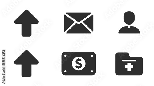 Modern flat black UI/UX icon set: upload arrows, mail, user profile, dollar currency, and medical folder symbols