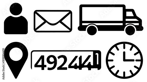Business Contact and Delivery Information Icons Set: User, Email, Shipping, Location, Numeric Code, and Time Symbols for Logistics