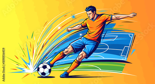 Dynamic illustration of a soccer player skillfully kicking a ball on a brightly colored field, capturing the energy of the game