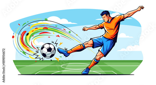 A dynamic illustration of a soccer player kicking a ball with colorful energy trails on a green field under a blue sky
