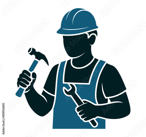 A construction worker holding a hammer and wrench in a work uniform