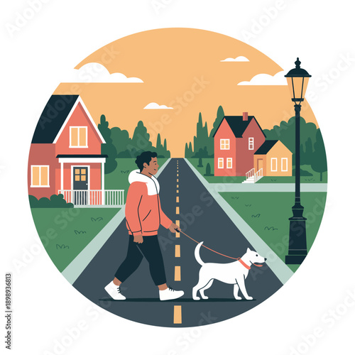 A man walking his dog on a suburban street at sunset