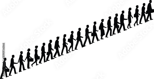 Black silhouette of a line of business professionals ascending a slope on a white background illustrating advancement and collective effort