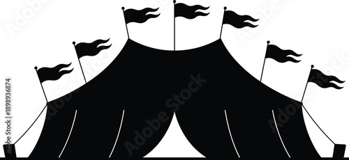 Black silhouette of a large circus tent with multiple flags on poles against a white background representing a festive gathering or performance