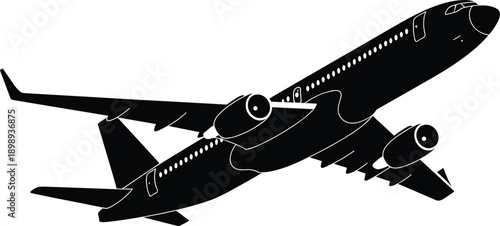 Black silhouette of a modern passenger airplane in flight against a white background aircraft aviation