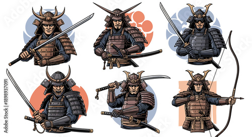Illustrations of six samurai warriors in traditional armor with swords and bow, each with unique poses and expressions, depicting ancient Japanese martial arts