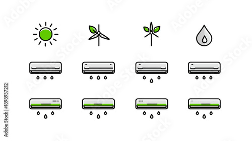 HVAC, Climate Control, and Sustainable Energy Icons Set. Featuring Air Conditioning, Solar, Wind Power, and Eco-Friendly Cooling Systems.