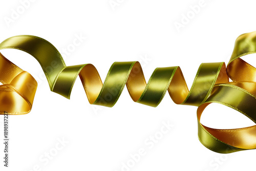 Spiraled Gold and Green Satin Ribbons Isolated and Transparent