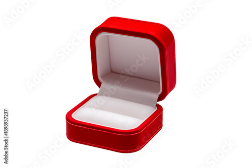 Empty Open Red Velvet Ring Box Isolated on White Background