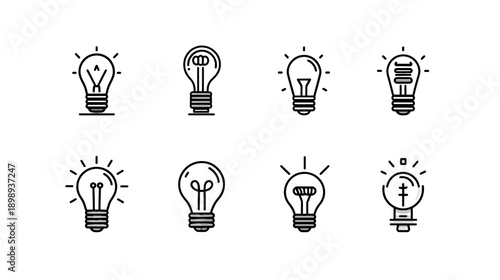 Collection of Line Art Lightbulb Icons Symbolizing Ideas, Innovation, and Solutions. Modern Vector Pictograms for Creativity and Electricity.