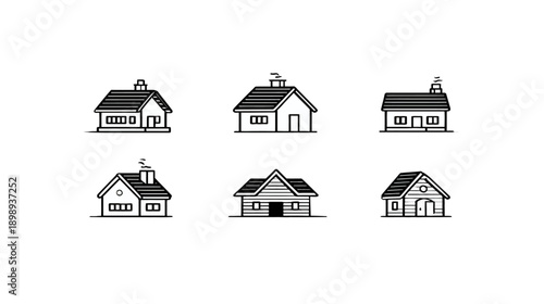 Simple house icons set. Diverse black and white residential building illustrations in line art style. Home architecture vector graphics.