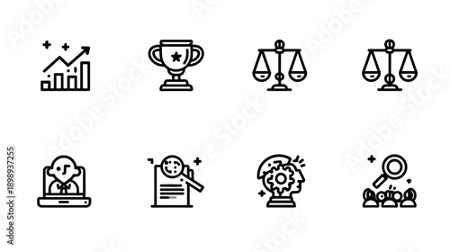 Business and Management Line Icons Set: Growth, Success, Justice, Research, Innovation, HR & Strategy Concepts