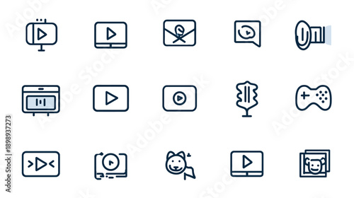 Digital Media and Entertainment Vector Line Icons Set. Outline Symbols for Video, Audio, Gaming, Camera, UI/UX, and Web Applications.