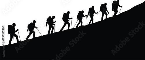 A line of hikers with backpacks and trekking poles ascend a steep, dark silhouette of a mountain against a stark white background symbolizing perseverance and group effort on a challenging journey