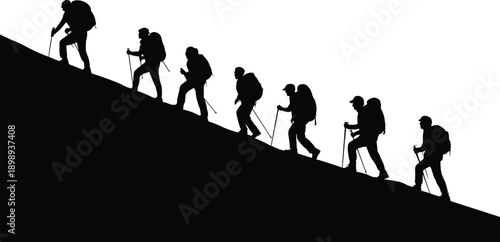 A procession of hikers with backpacks and trekking poles ascend a dark silhouette of a mountain slope against a bright white background, illustrating a collective push towards a goal