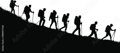 A line of hikers with backpacks and trekking poles ascend a dark silhouette of a grassy mountain slope against a white background, depicting a unified group's upward movement