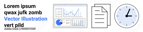 Data charts and graphs on a display, stacked documents, and a clock emphasizing analytics, efficiency, and organization. Ideal for time tracking, workflow, reporting, dashboards office productivity