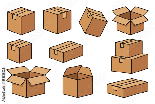 A collection of cardboard boxes in various orientations and states of opening on a plain white background