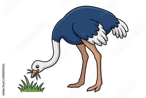 A cartoon ostrich eating grass in a natural setting