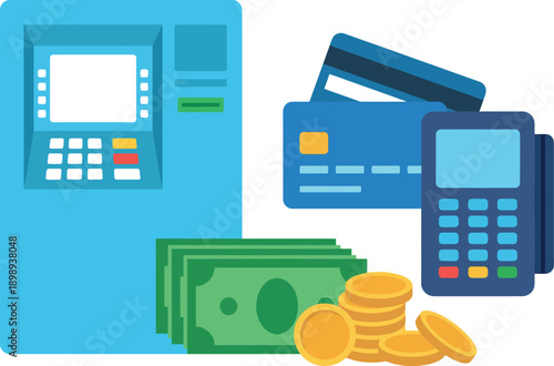 A digital illustration of a payment terminal, credit cards, and cash.