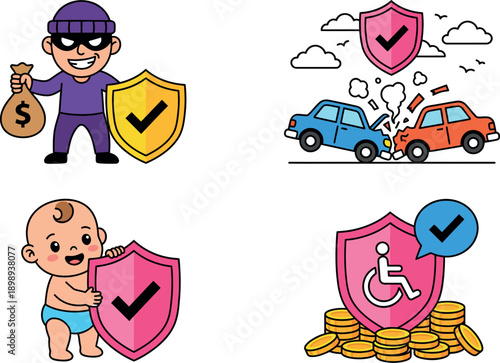 A cartoon illustration of various protection and insurance concepts, including a thief with a shield, a car accident with a shield, a baby with a shield, and a disability shield with coins.
