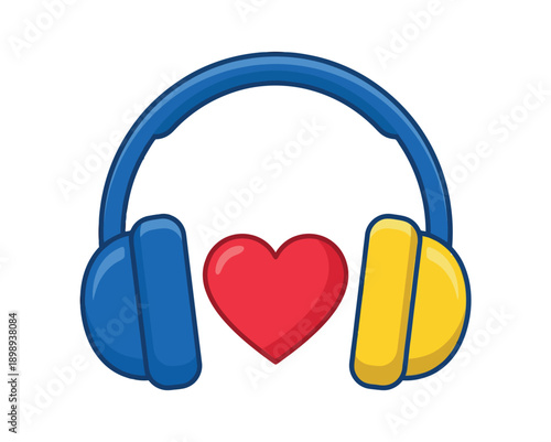 A colorful illustration of headphones with a heart symbol in the middle, representing love for music