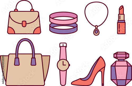 A collection of fashionable women's accessories including handbags, jewelry, and beauty products.