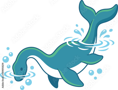 A cartoon illustration of a blue whale swimming in the ocean with water splashes around it.