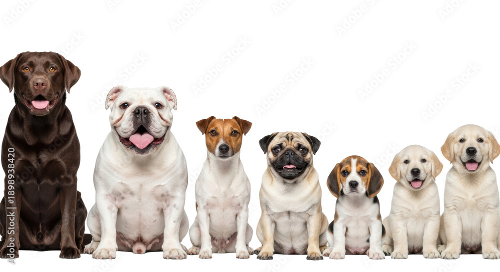 Obraz premium a precise row of seven diverse, happy canines (labrador, bulldog, pug, puppies) in a high-key studio portrait against a transparent background with ample copy space. concept of pet diversity and