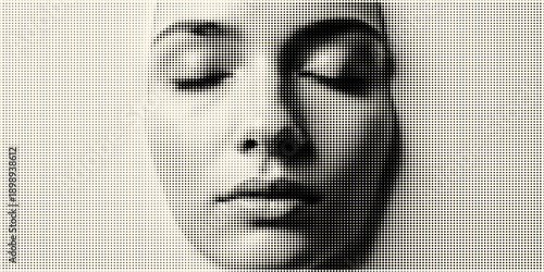 Monochrome halftone close up of woman face with closed eyes calming expression textured dot pattern abstract portrait modern digital art style neat composition with soft lighting