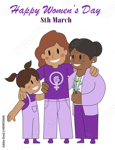 International Women's Day illustration with three generations of women in purple outfits.