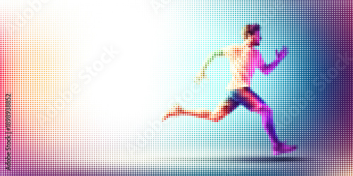 Colorful halftone vector art of male runner sprinting in profile with dynamic stride on gradient background emphasizing speed motion and athleticism blue orange pink vivid style
