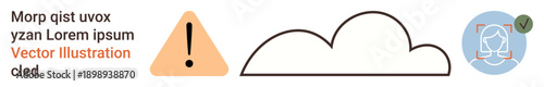 Cloud computing, data management, AI security, digital warning, system alerts, cybersecurity. A cloud, a warning symbol and a facial recognition icon. Cloud computing and data management concepts