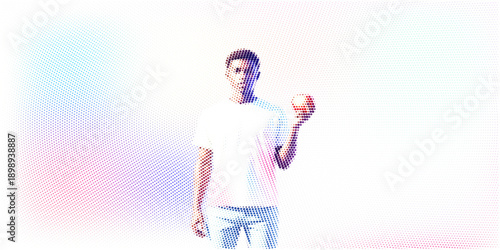 Halftone style close up of young man looking at camera holding red apple wearing white t shirt standing on white background with colorful dot pattern