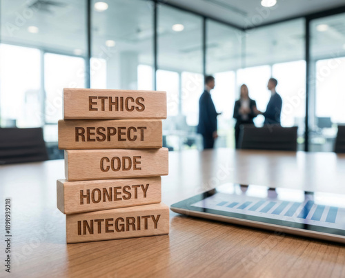 Ethic respect code honesty integrity business corporation concern puzzle map icons on blackboard convey belief in corporate value and trust culture Code of conduct in business concept