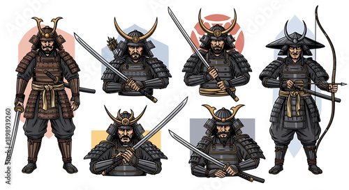 Diverse group of ancient Japanese samurai warriors in full traditional armor, wielding katanas and bows, showcasing historical military figures and their iconic presence