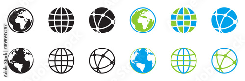Globe icon set in black, green, and blue color scheme with a flat-style world map vector template.