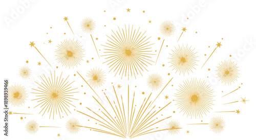 Golden abstract festive burst of sparkling fireworks and glittering stars, celebrating a special occasion