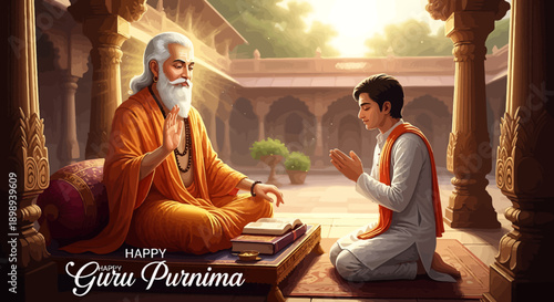 Happy Guru Purnima Festival Celebration with Teacher and Student in Traditional Indian Attire