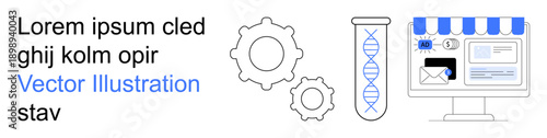 Science, e-commerce, biotechnology, digital innovation, online services, workflow optimization. Test tube with DNA, gears and a computer screen display. Biotechnology and e-commerce concept