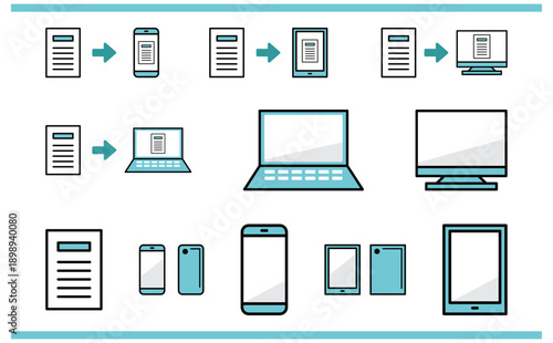 クラウド連携を中心に業務データを整理するデジタル端末と書類の図解アイコン